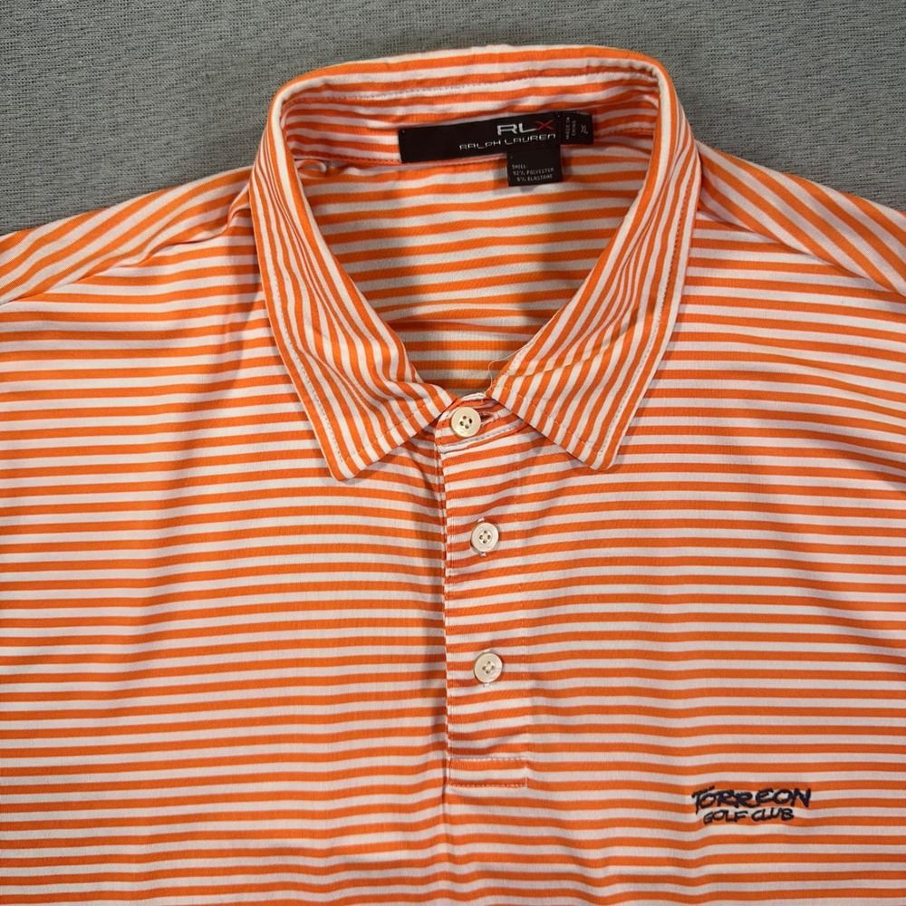 RLX Ralph Lauren Polo Shirt Mens XL Orange White Striped Torreon Golf Club Logo